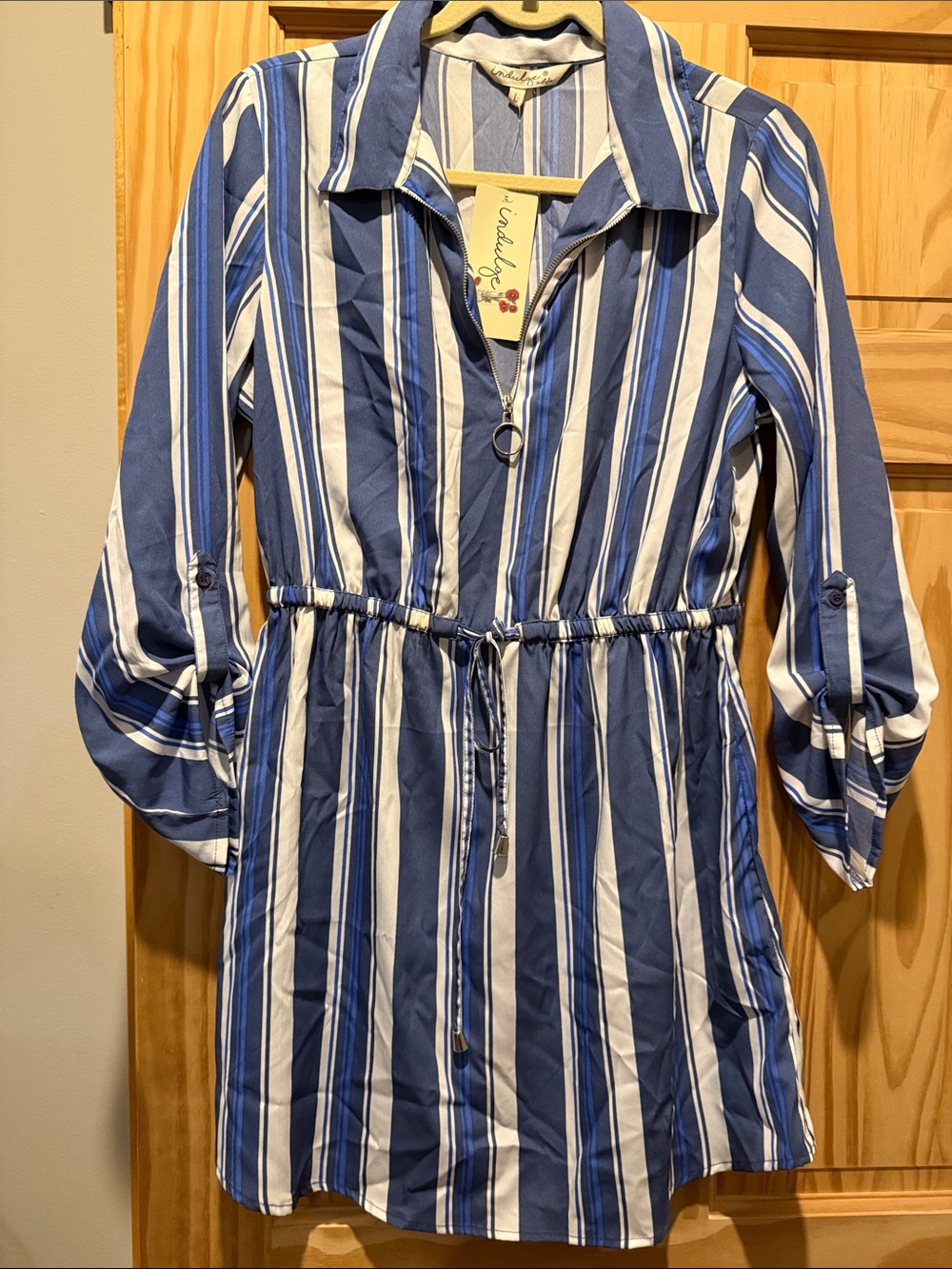 indulge Blue and White Striped Long Sleeve Shirt Dress